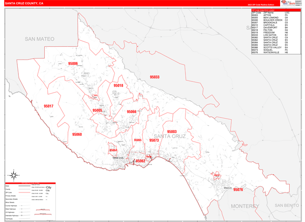 Santa Cruz County Wall Map Red Line Style